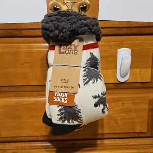 Lazy One Cream and Black Plush Socks with Tree Design
